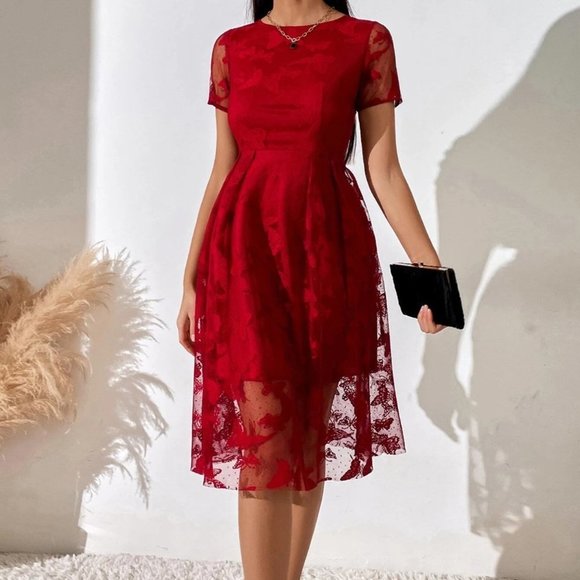 Red Preppy Womens Butterfly Print Popover Hem Dress - Picture 4 of 5